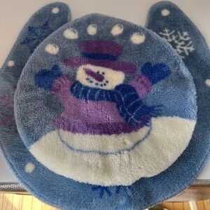 Winter Snowman Snowflakes Toilet Seat Cover Bath Mat Set Cozy Plush Blue‎